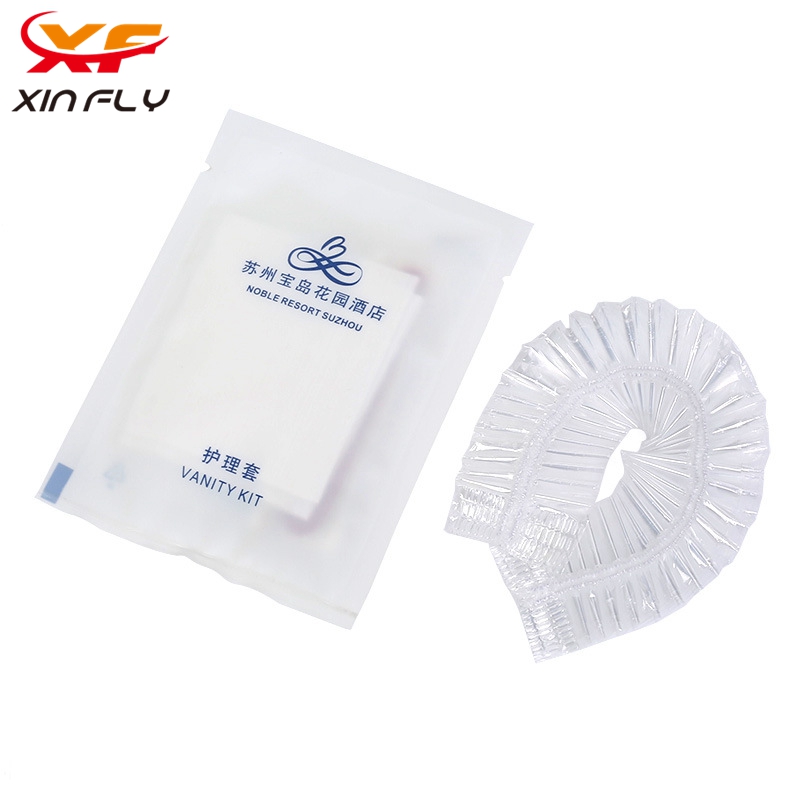 Disposable Transparent Hotel Shower Cap packed in plastic bag with Logo